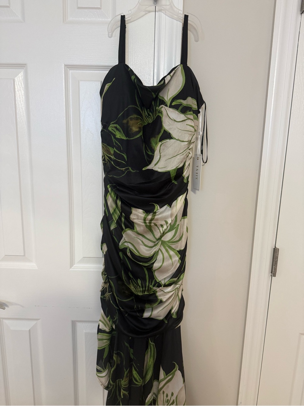 Black Floral Cowl Maxi Dress with Green Accents